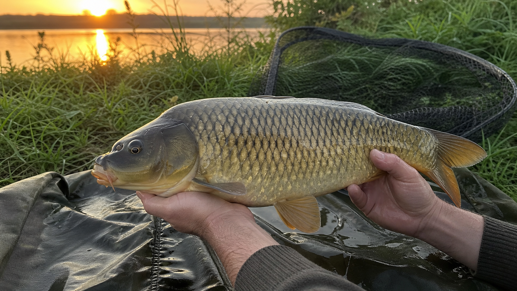 Karp trzymany ostrożnie nad wodą o zachodzie słońca
