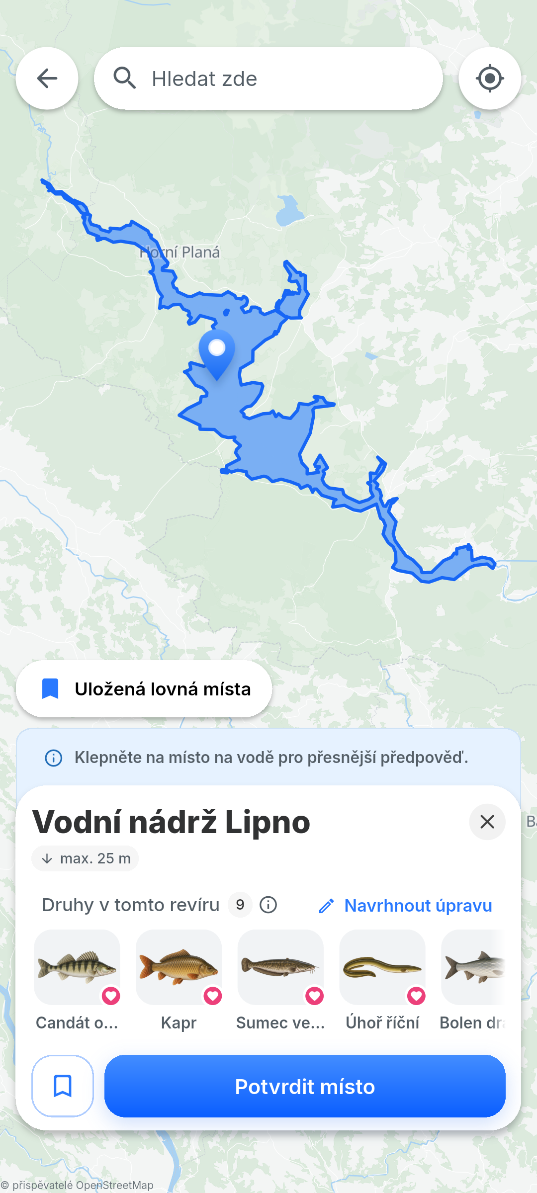 Výběr vodní nádrže Lipno na mapě BiteRadar
