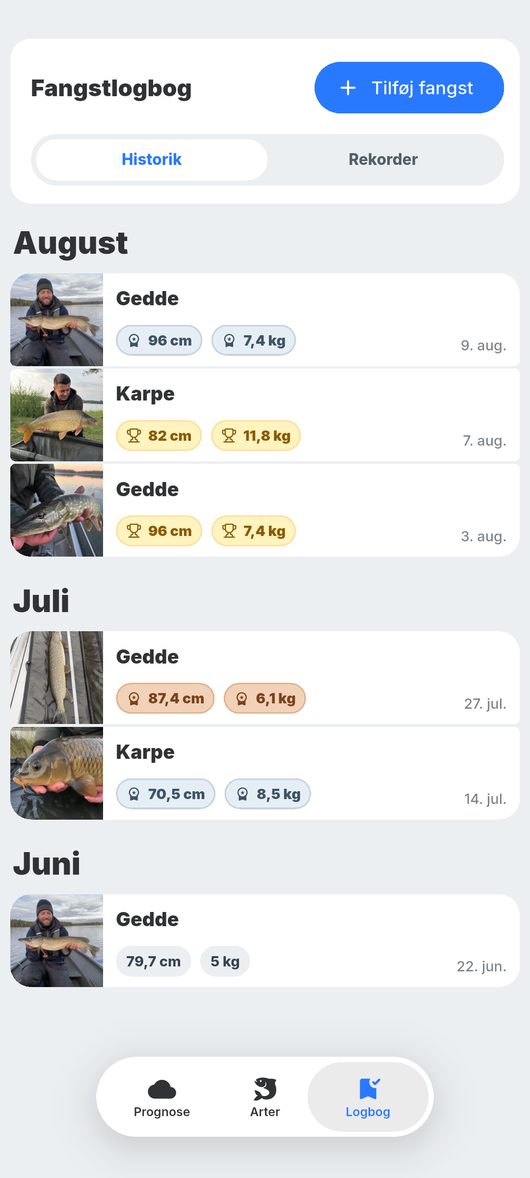 BiteRadars fangstlogbog med personlige rekorder