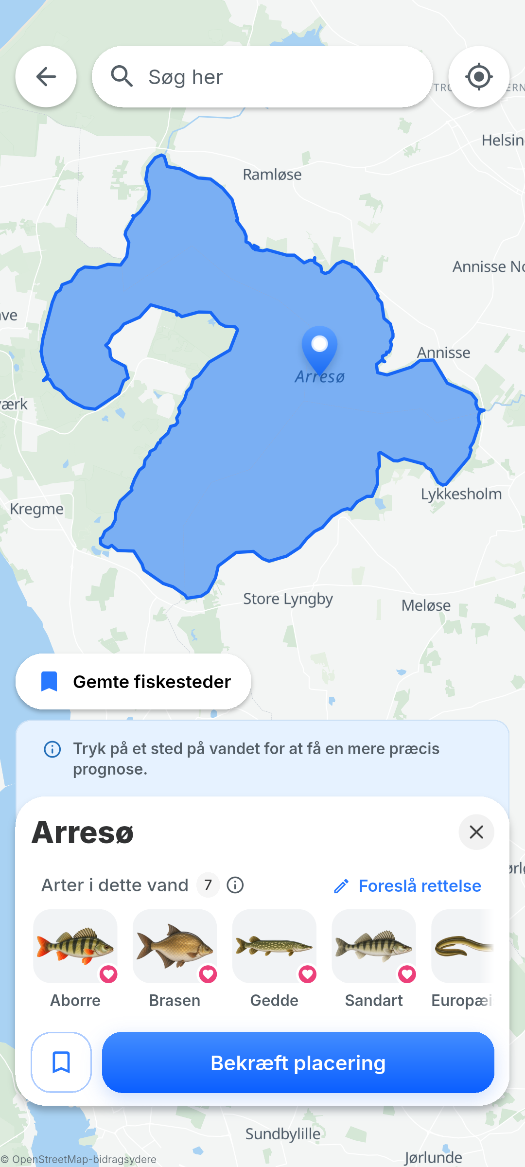 Valg af Arresø på kortet i BiteRadar