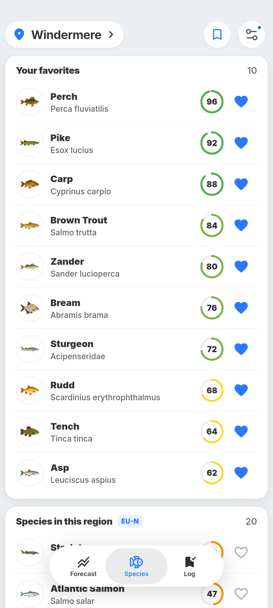 BiteRadar species ranking