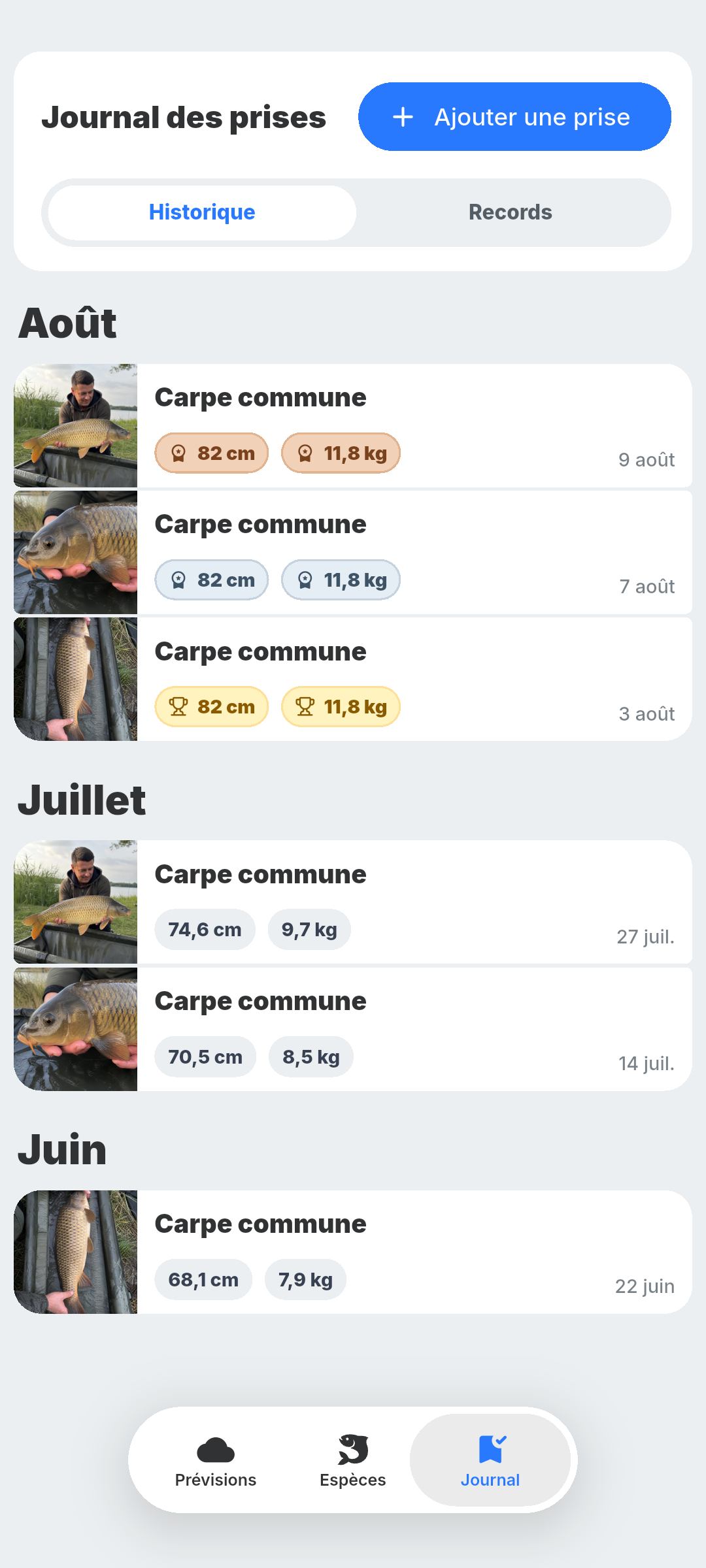 Carnet de prises BiteRadar avec records personnels