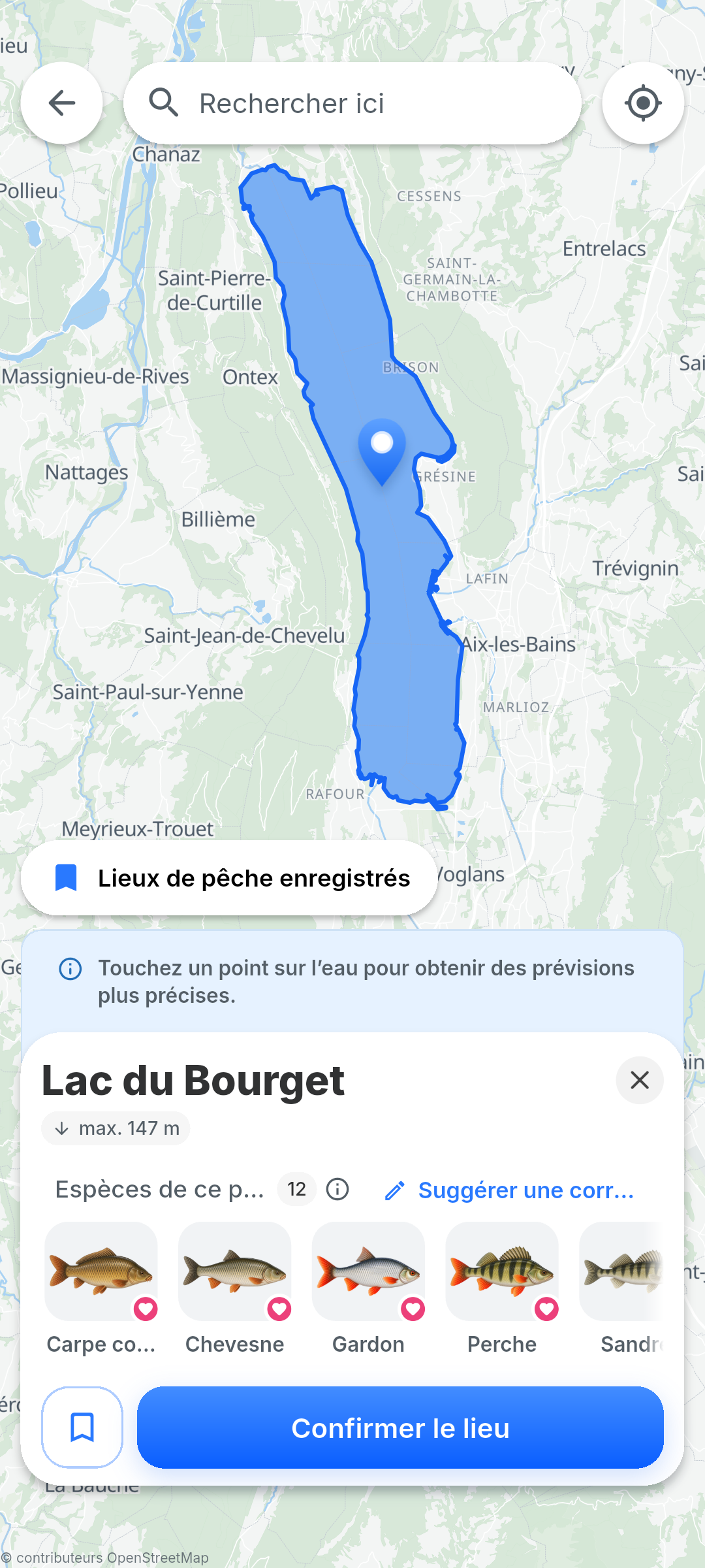 Choix du lac du Bourget sur la carte BiteRadar