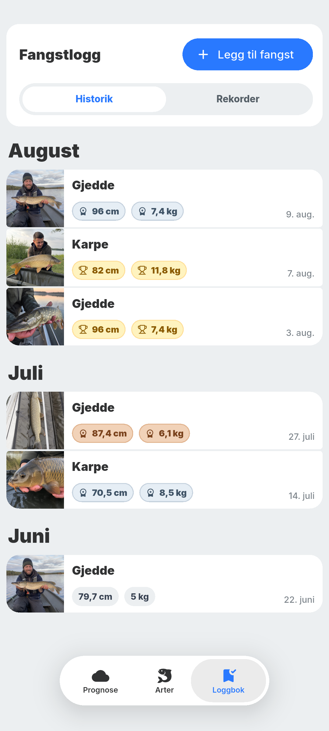 BiteRadars fangstlogg med personlige rekorder