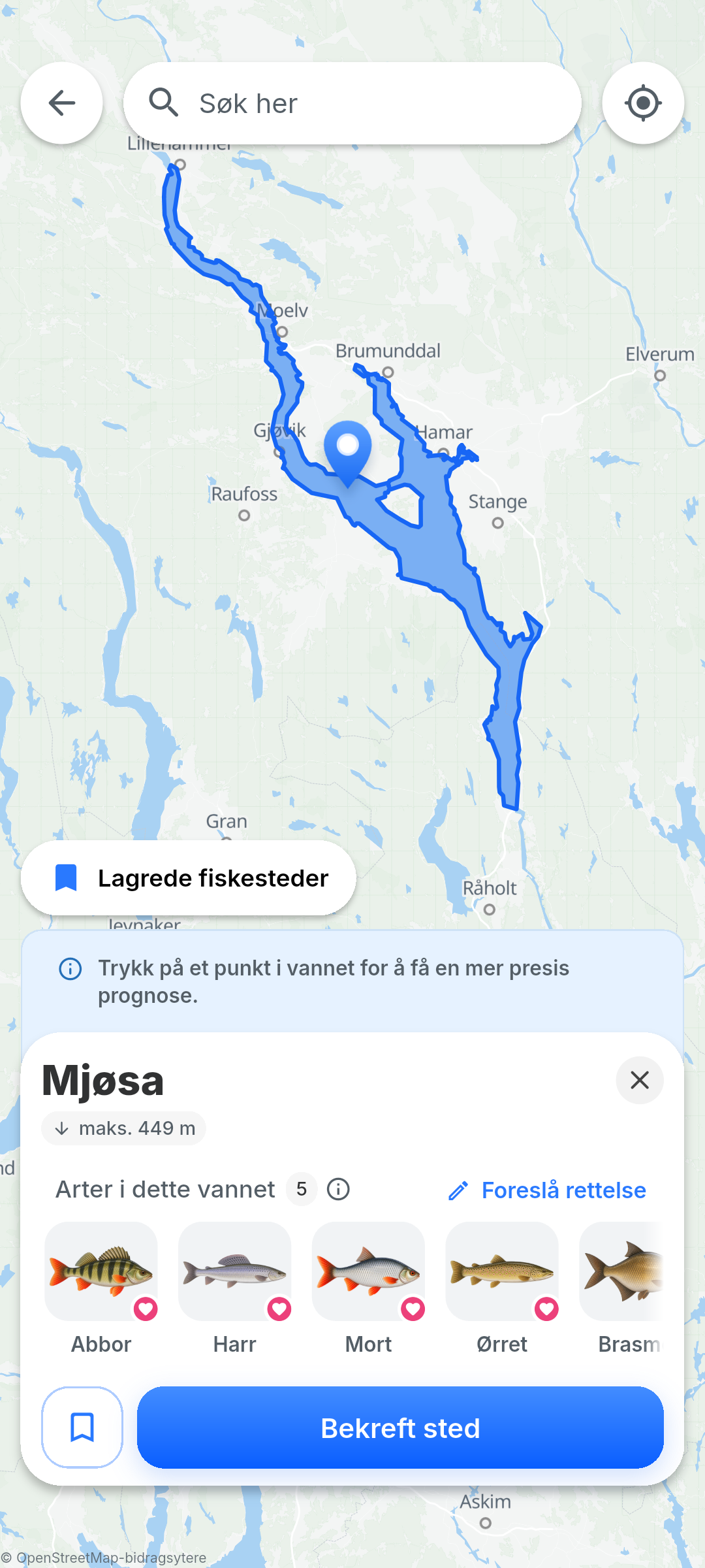 Mjøsa velges på kartet i BiteRadar