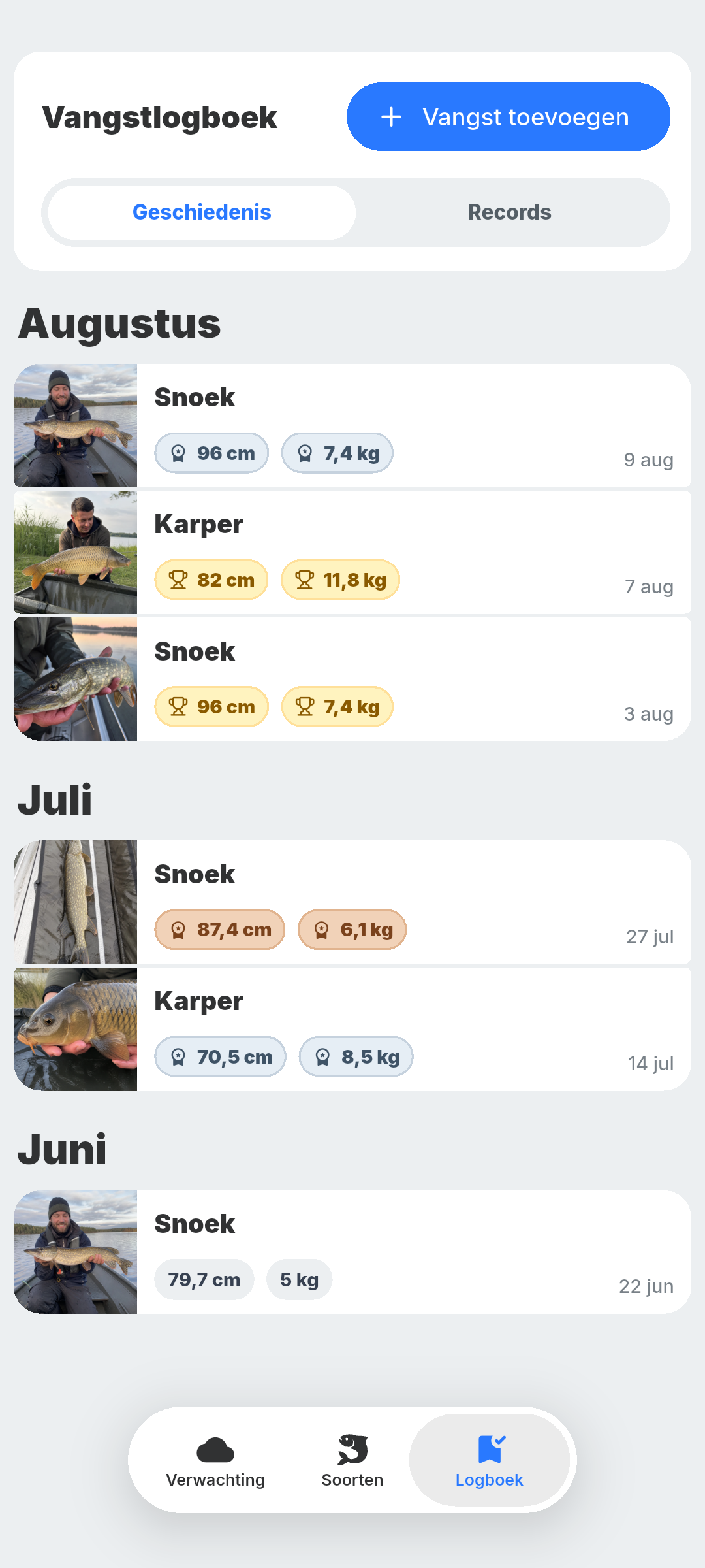 Vangstlogboek in BiteRadar met persoonlijke records