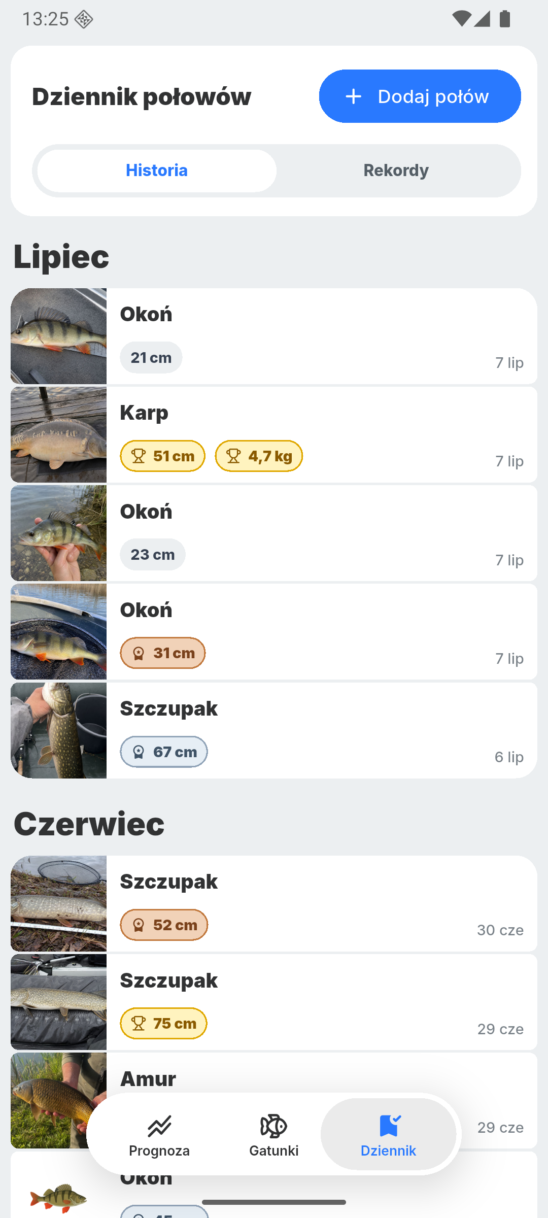 Dziennik połowów z okoniami, karpiem i szczupakami