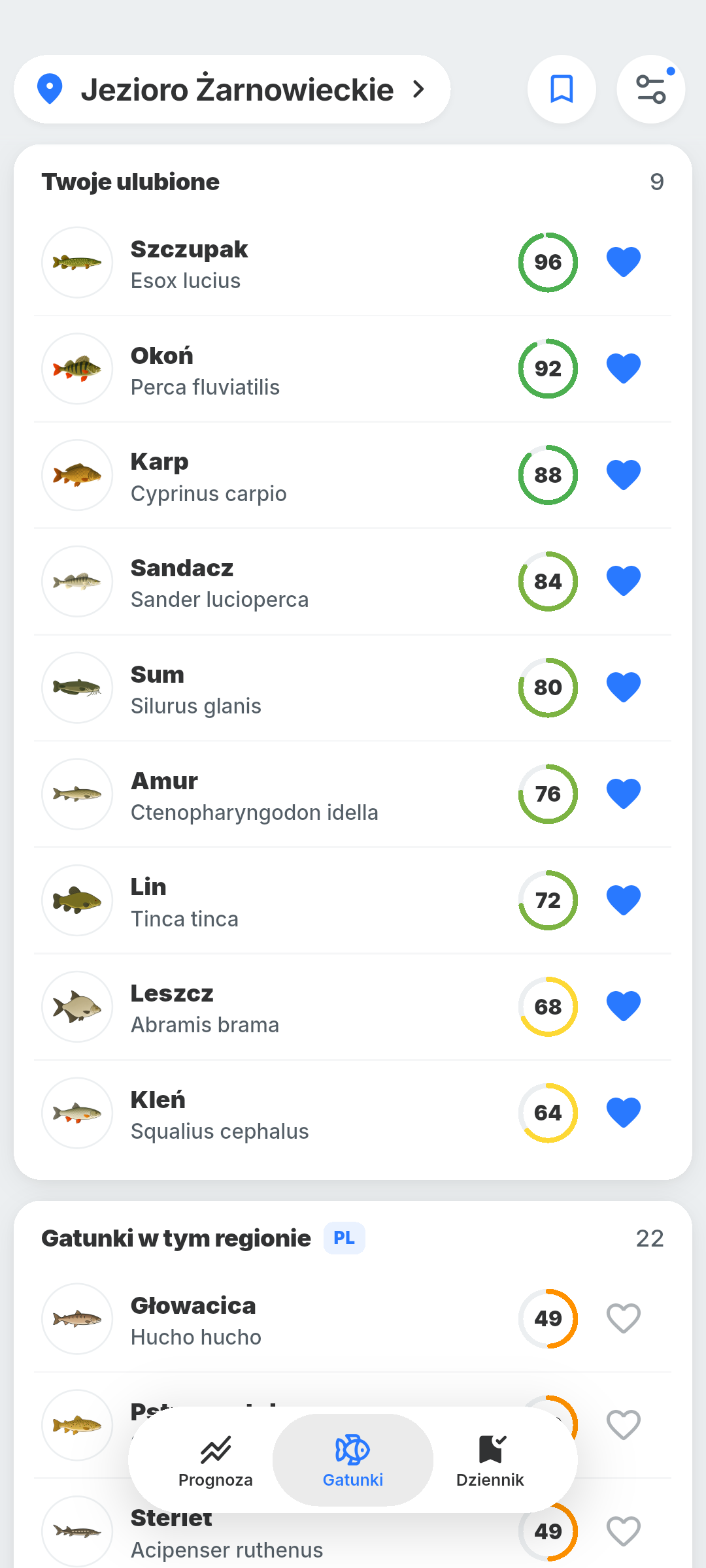 Ranking gatunków w BiteRadar