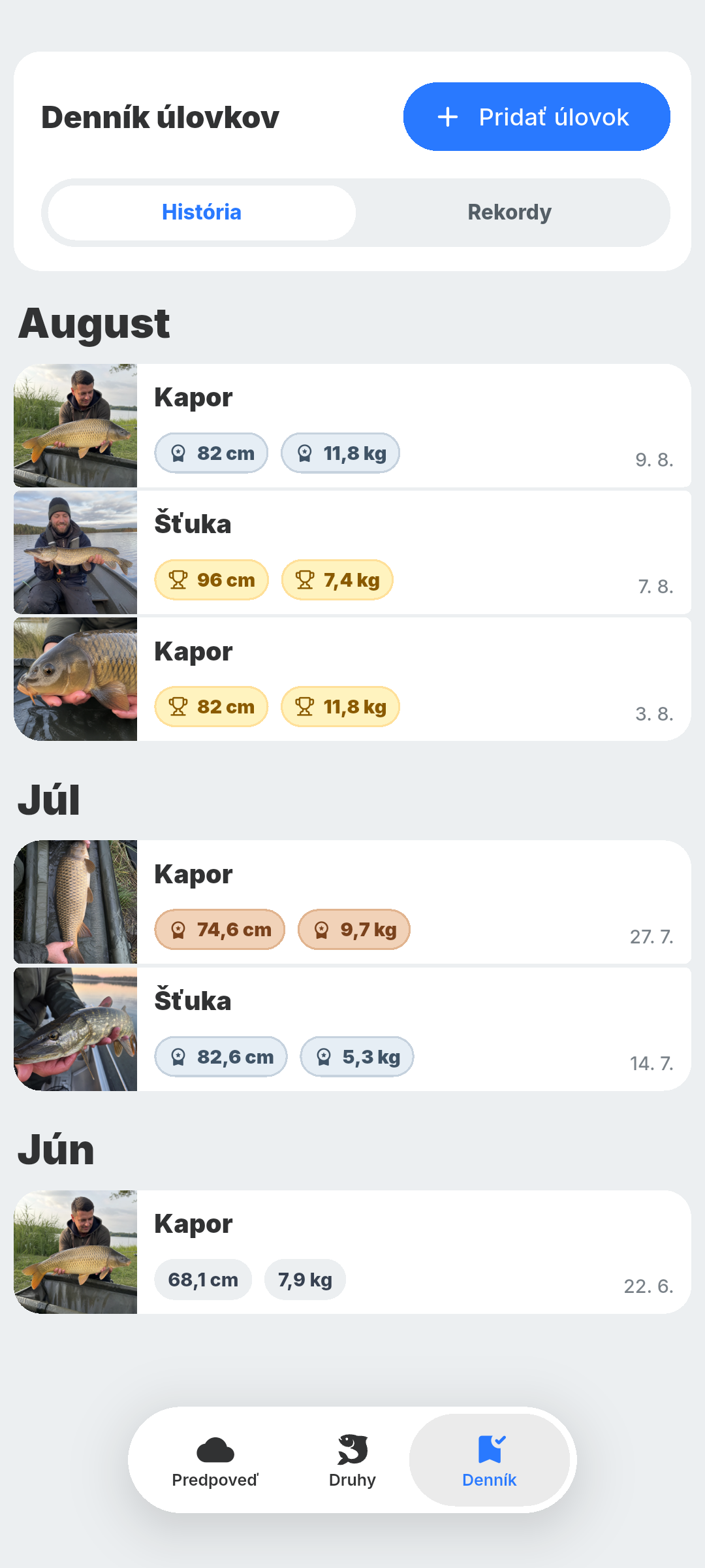 Denník úlovkov BiteRadar s osobnými rekordmi