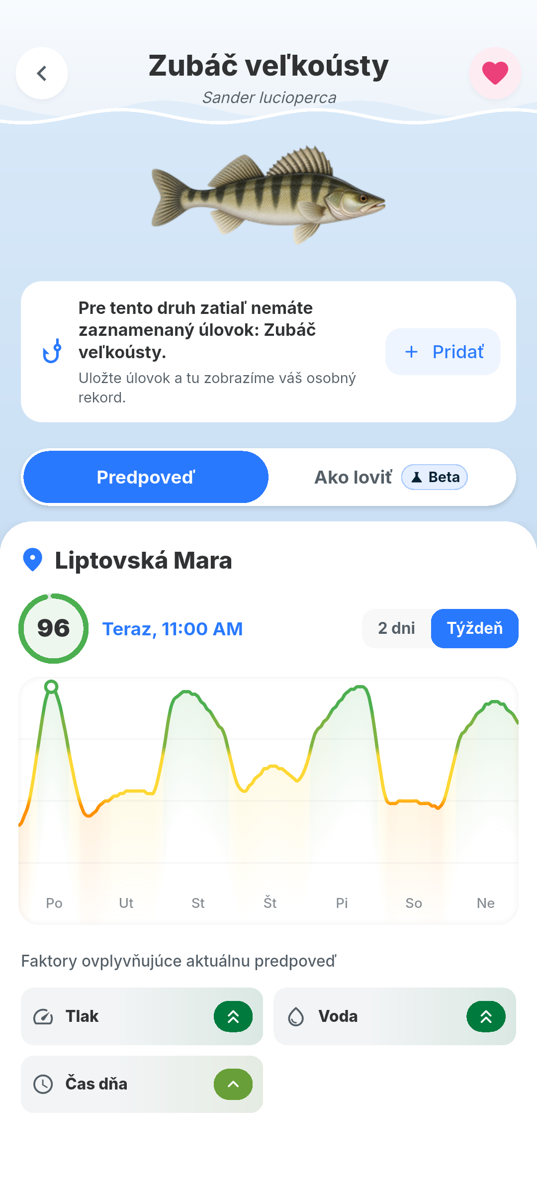 Detail zubáča v BiteRadar: aktivita 96 a faktory, ktoré ju ovplyvňujú