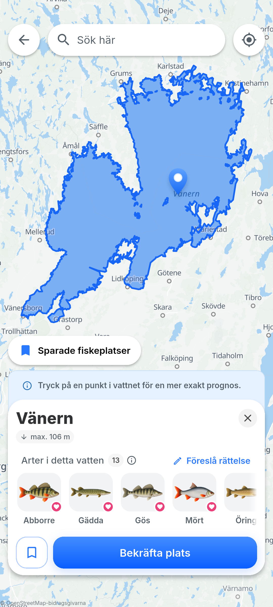 Vänern väljs på kartan i BiteRadar